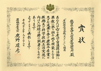 農林水産大臣賞の表彰状